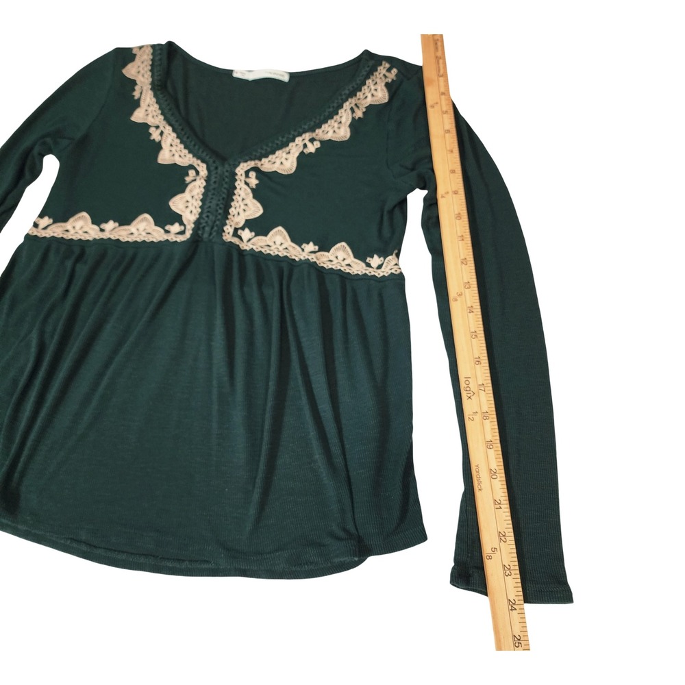 Maurices Womens Forest Green Ribbed Babydoll Top Long Sleeve Crochet Lace M - Picture 5 of 9